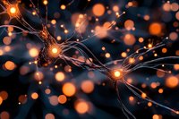 Glowing orange and golden light particles connected by luminous threads against dark background, representing network, energy, data flow, technology, and digital communication concepts.