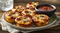 Mini pizza muffins with melted cheese and herbs served on white plate with marinara dipping sauce, perfect for appetizers or party snacks.