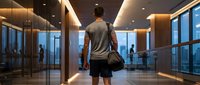 Young athletic man walking through modern office building lobby with gym bag after workout session in contemporary corporate interior.