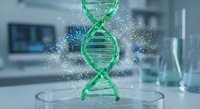 Green DNA double helix structure floating above petri dish in modern laboratory with sparkling particles and scientific equipment in background.