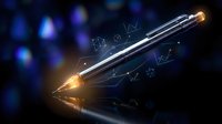 Digital pen with glowing tip creating mathematical formulas and geometric shapes on dark blue background for educational technology concepts.