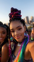 Young African American woman with colorful rainbow braids and vibrant makeup smiling at sunset with city skyline background during festival celebration.