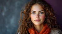 Young woman with natural curly brown hair and bright blue eyes wearing cozy orange knit scarf smiling at camera against blurred dark background.