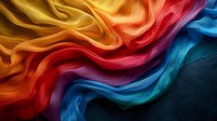 Flowing abstract waves of vibrant silk fabric in rainbow colors from yellow through orange, red and blue creating dynamic curves and folds against dark background.