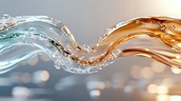 Dynamic collision of turquoise and amber liquid waves creating abstract splash with water drops and bubbles against blurred bokeh background. Suitable for beverage advertising.