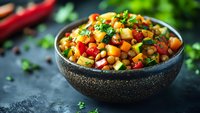 Colorful mixed bean salad with chickpeas, red peppers and fresh herbs in rustic bowl. Healthy vegetarian protein-rich meal for nutritious dining and cooking.