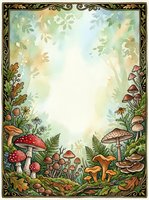 Enchanted forest frame with red toadstools, golden mushrooms, ferns and woodland flora arranged around ornate border, creating magical nature background for autumn designs.