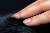 Female fingers with french manicure gently touching soft black fur against dark background, creating sensual and luxurious mood for beauty and fashion concepts.