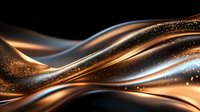 Luxurious copper and silver waves flow with sparkling particles against black background, creating elegant abstract curves and dynamic motion effect.