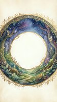 Watercolor round frame with enchanted forest, starry night sky, glowing mushrooms, and golden ornamental border, copy space inside for text or design.