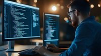Young Caucasian male programmer in glasses working late at night with multiple monitors displaying code, illuminated by warm ambient lighting and screen glow.