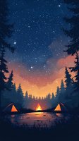 Tranquil camping scene with tents by lake under starry night sky, glowing campfire reflecting on water, silhouetted pine forest and orange sunset clouds.