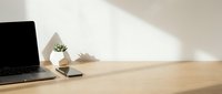 Laptop and smartphone on wooden desk with small potted succulent plant and sunlight streaming across workspace.