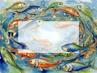 Colorful watercolor fish swimming in circular pattern around white space for text or design elements. Marine life illustration with vibrant aquatic creatures.