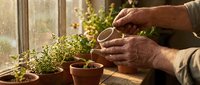 Senior gardener hands planting seeds in terracotta pots on sunny windowsill with green seedlings growing in natural morning light for indoor gardening.