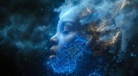 Mystical female profile dissolving into cosmic blue nebula with glowing constellation patterns and ethereal stardust, representing spiritual awakening and consciousness.