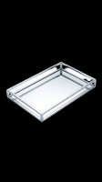 Clear acrylic serving tray with chrome handles, isolated on transparent background. Ready for design use on product mockups, home decor graphics, print-on-demand items, and digital marketing materials.