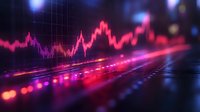 Glowing pink and purple financial chart with dynamic market data visualization on dark background showing stock price movement and trading analysis.