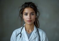 Young female healthcare professional in white coat with stethoscope against neutral background, portraying confidence and compassion in medical setting.