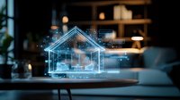 Futuristic smart home hologram projection on desk with glowing blue house outline and connected IoT devices showing modern home automation technology.