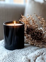 Glowing aromatic candle in black glass holder with dried flowers on white knitted texture, creating cozy atmosphere for spa, wellness and relaxation.