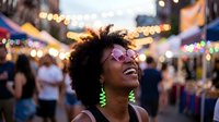Happy young African American woman with curly afro hair and sunglasses enjoying outdoor street festival with colorful lights and crowd in background.