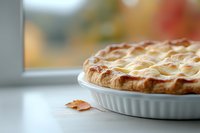 Freshly baked apple pie with lattice crust in white ceramic dish on windowsill, autumn maple leaf nearby creates cozy seasonal atmosphere.