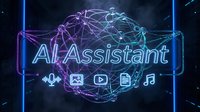 Futuristic AI assistant hologram with glowing neural network brain and digital interface icons on dark technological background.