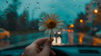 Hand holding white daisy flower against rainy car windshield with blurred turquoise and orange bokeh lights creating moody atmospheric scene on rainy evening.