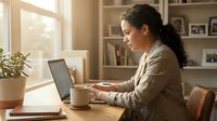 Young Hispanic businesswoman working on laptop at home office desk with coffee mug, natural light, remote work concept.