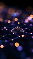 Abstract network visualization with glowing nodes and connections on dark background, featuring orange and purple bokeh light effects. Represents AI technology.