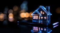 Glowing miniature house with warm window lights reflected on dark surface against blurred bokeh background, creating cozy evening atmosphere and magical ambiance.