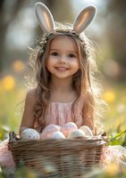 Smiling young girl wearing bunny ears and floral crown poses with Easter basket filled with decorated eggs in spring meadow setting with soft natural lighting.