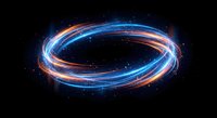 Glowing energy ring with swirling blue and orange light trails creating dynamic circular motion against dark space background with sparkling particles.