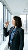 Professional Asian businesswoman drinking water from glass bottle in modern office with city skyline view for corporate wellness and hydration concepts.