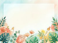 Watercolor botanical frame with skincare bottles, tropical leaves, and flowers, featuring a blank center for text or branding design.
