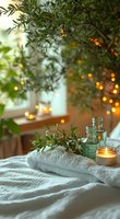 Cozy spa composition with aromatic candle, green branches and soft white towels against blurred fairy lights background creating relaxing atmosphere.