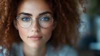 Young mixed race woman with natural curly hair and round glasses looking at camera with confident expression against blurred background.