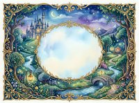 Watercolor fairy tale frame with castle, moonlit sky, river, and bridge, featuring a round copy space for text or design.