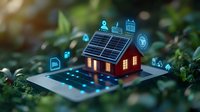 Smart home technology concept with glowing blue icons floating above miniature house on smartphone screen surrounded by green foliage, showing renewable energy solutions.