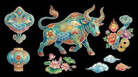 Colorful ornamental ox with decorative patterns, lantern, lotus flower, and Asian design elements isolated on transparent background. Ready for t-shirt design, clipart, stickers, sublimation, and print-on-demand projects.
