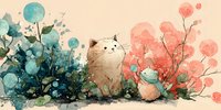 Adorable fluffy cat sitting among colorful watercolor flowers and foliage on cream background. Whimsical spring garden scene for greeting cards and decor.