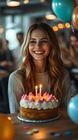 Young Caucasian woman with wavy blonde hair smiling at birthday cake with lit candles, wearing beige sweater. Party balloons and warm ambient lighting create festive mood.