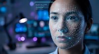 Young professional woman with facial recognition technology overlay grid pattern for biometric security identification system in modern office environment.