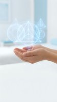 Cupped hands presenting holographic geometric shapes with sacred geometry patterns floating above palms in modern minimalist setting for tech presentations.