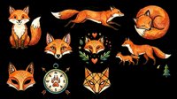 Cute orange fox character sitting with fluffy tail, jumping fox, sleeping curled fox, fox head portraits, geometric fox, compass, and evergreen tree isolated on transparent background. Ready for t-shirts, stickers, clipart, sublimation, and print-on-demand designs.