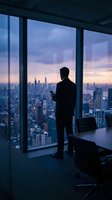 Business executive silhouette standing at office window overlooking city skyline at sunset, holding smartphone in modern corporate workspace.