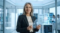 Middle-aged woman with long gray hair and Caucasian ethnicity wearing professional black blazer and white blouse, holding transparent glass award in modern office environment with colleagues working in background.
