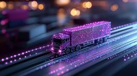 Glowing purple semi truck on illuminated highway with bokeh lights and motion trails creating futuristic transportation scene against dark background.