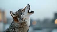 Gray wolf howling against blurred urban background, dramatic close-up portrait showing detailed fur texture and expressive pose in natural morning light.